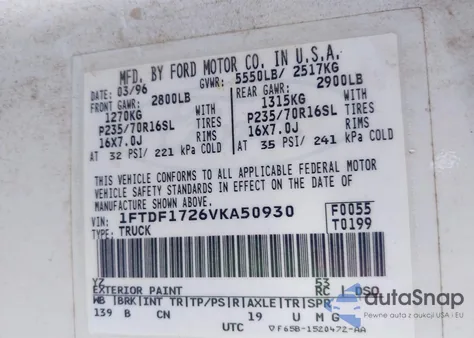 1997 Ford F150 z USA, uszkodzony, nr VIN 1FTDF1726VJA50930